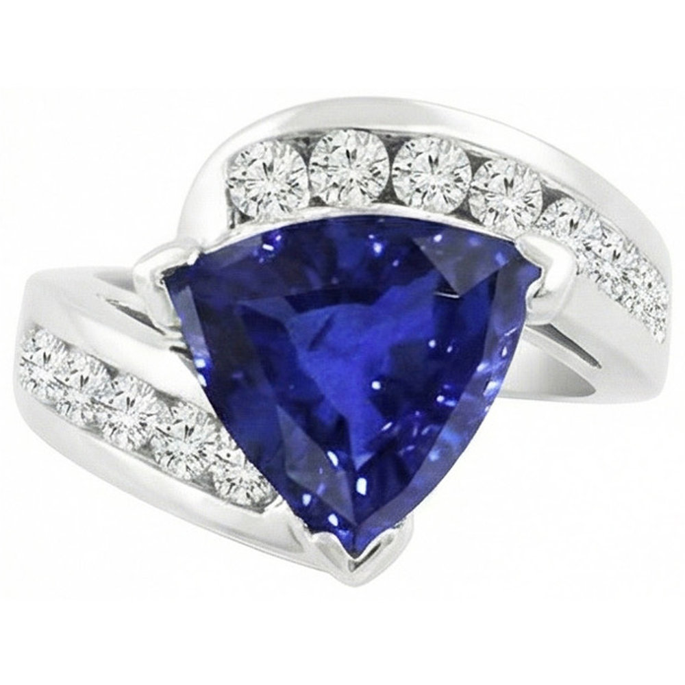 Anello da donna fantasia con zaffiro da 4 trilioni di carati e diamanti rotondi incastonati a canale