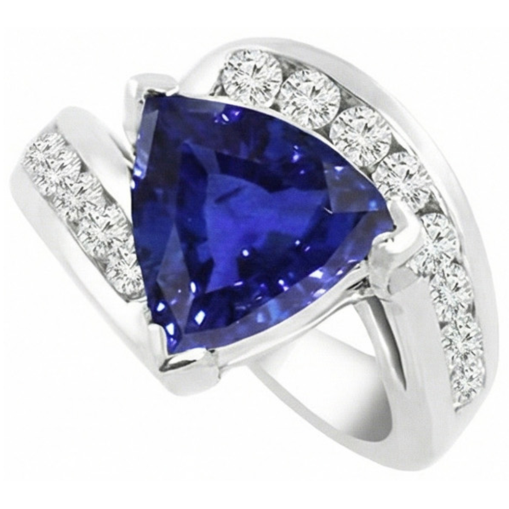 Anello da donna fantasia con zaffiro da 4 trilioni di carati e diamanti rotondi incastonati a canale