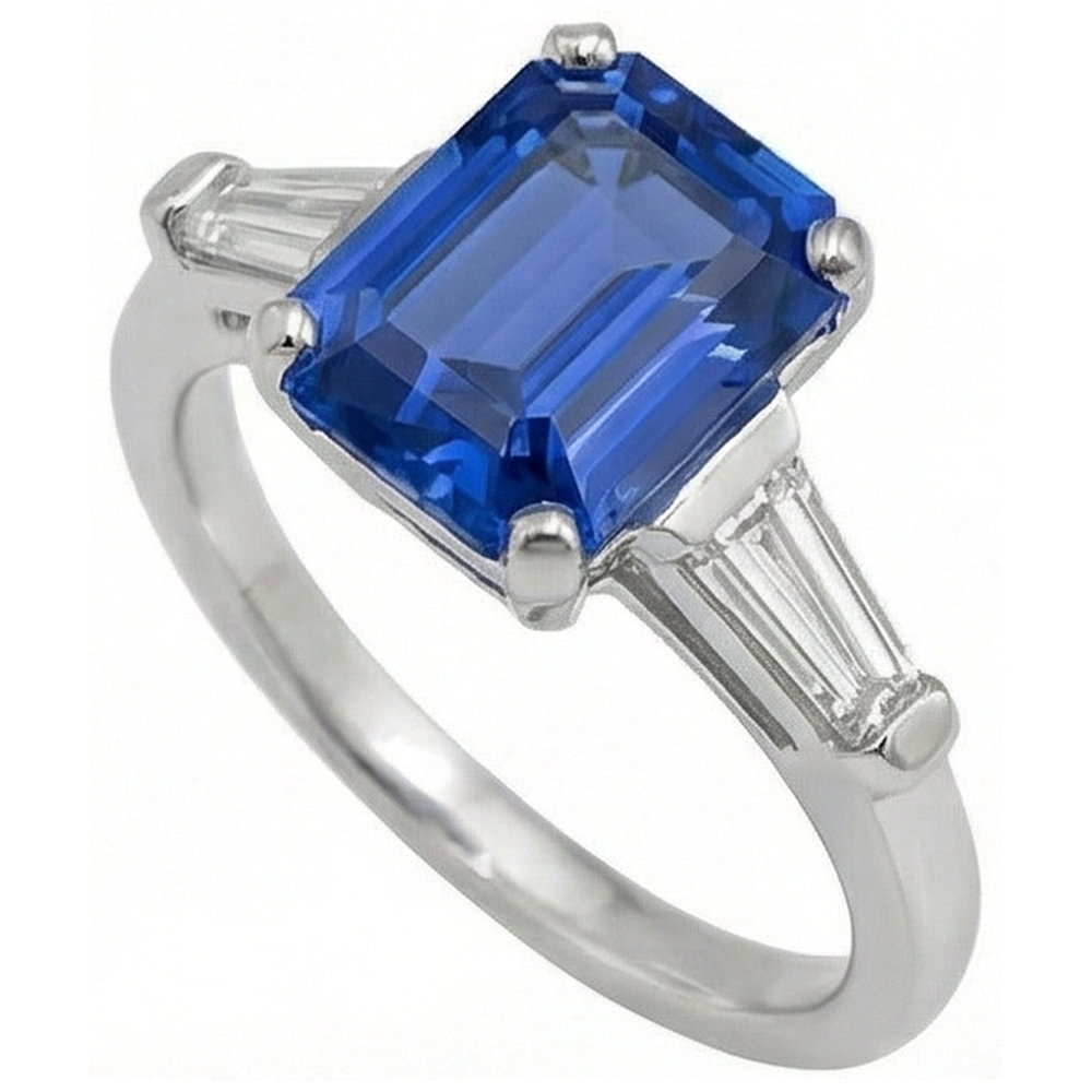 Anello da donna in oro 3 pietre con zaffiro blu smeraldo e baguette 3.50 carati