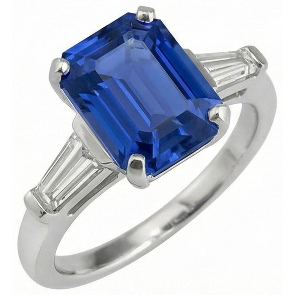 Anello da donna in oro 3 pietre con zaffiro blu smeraldo e baguette 3.50 carati