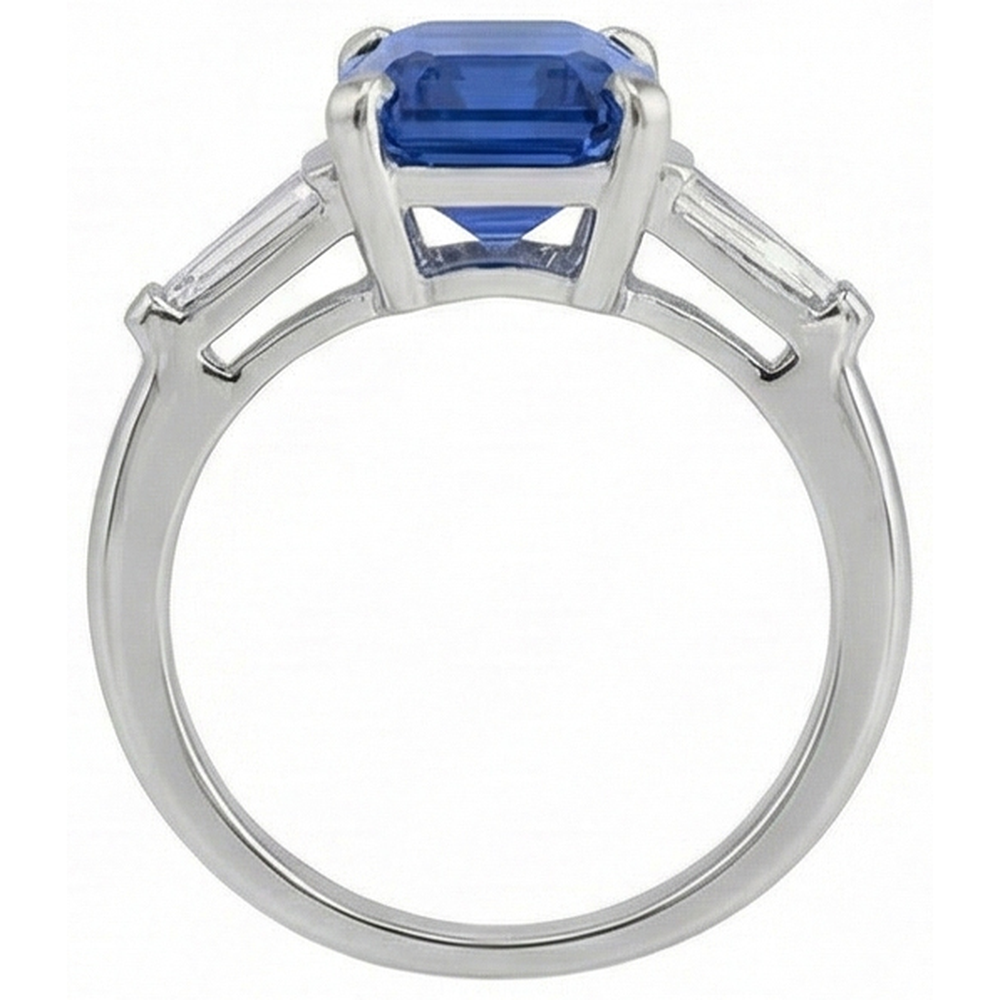 Anello da donna in oro 3 pietre con zaffiro blu smeraldo e baguette 3.50 carati