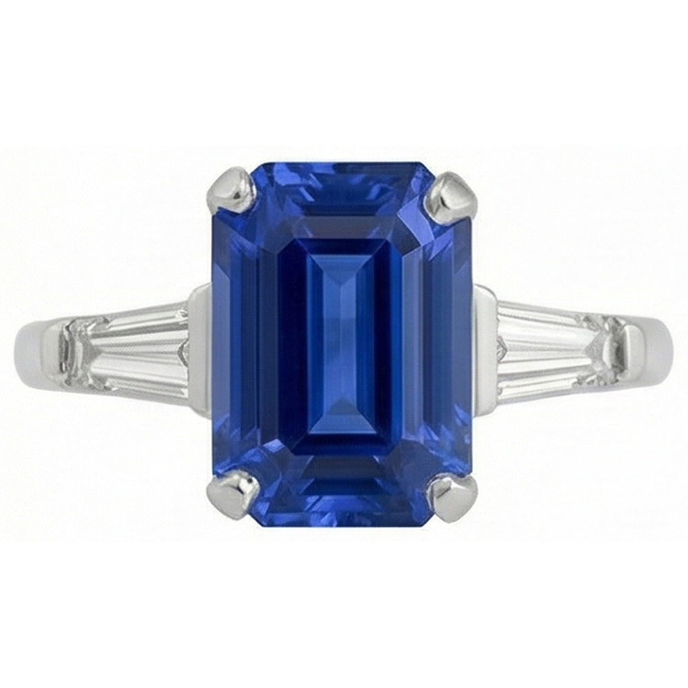 Anello da donna in oro 3 pietre con zaffiro blu smeraldo e baguette 3.50 carati
