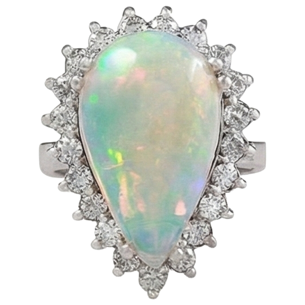 Anello da donna in oro bianco 14.25 ct con opale a pera e diamanti rotondi 14K