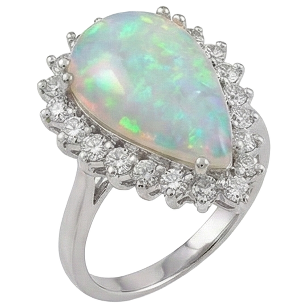 Anello da donna in oro bianco 14.25 ct con opale a pera e diamanti rotondi 14K