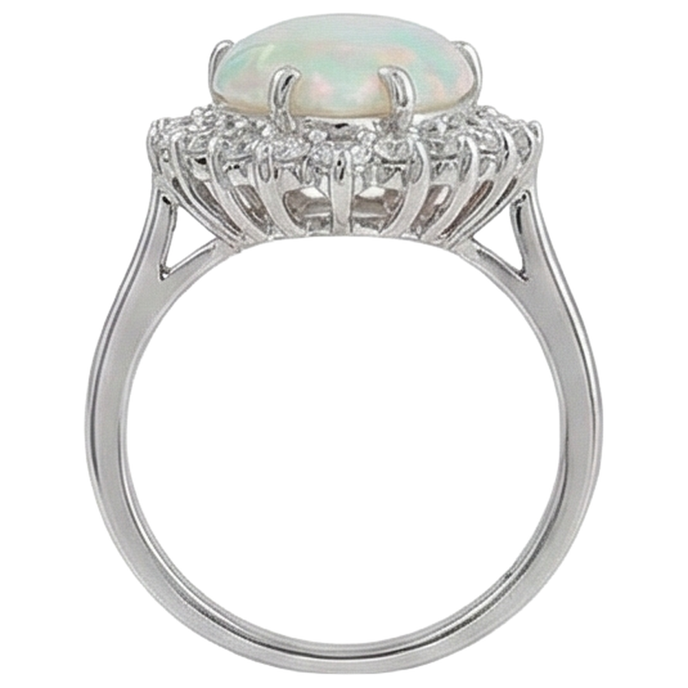 Anello da donna in oro bianco 14.25 ct con opale a pera e diamanti rotondi 14K
