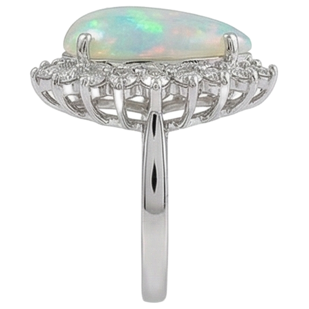 Anello da donna in oro bianco 14.25 ct con opale a pera e diamanti rotondi 14K