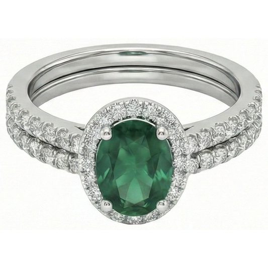 Anello da donna in oro bianco 14K con smeraldo verde e diamante. Gioielleria raffinata da 4,55 carati