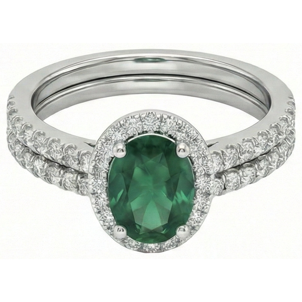 Anello da donna in oro bianco 14K con smeraldo verde e diamante. Gioielleria raffinata da 4,55 carati