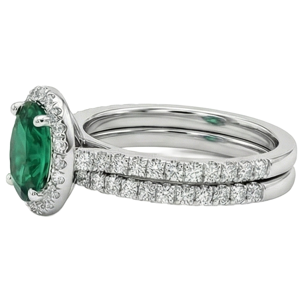 Anello da donna in oro bianco 14K con smeraldo verde e diamante. Gioielleria raffinata da 4,55 carati