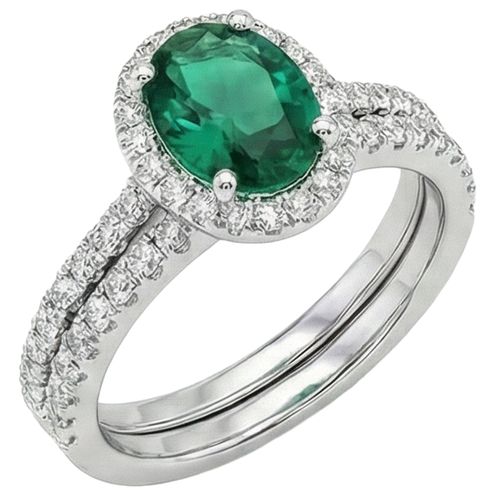Anello da donna in oro bianco 14K con smeraldo verde e diamante. Gioielleria raffinata da 4,55 carati