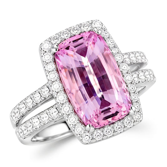Anello da donna in oro bianco con diamante taglio cuscino Kunzite rosa 24.50 ct