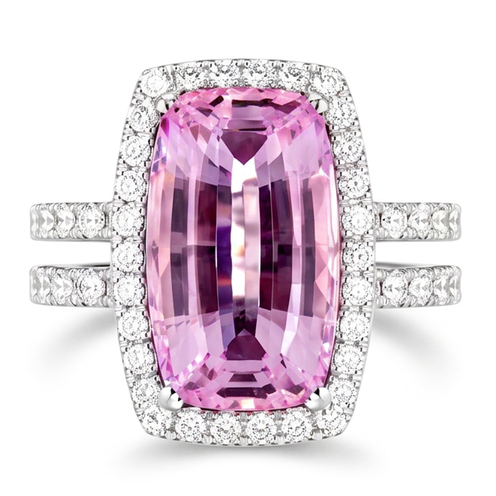 Anello da donna in oro bianco con diamante taglio cuscino Kunzite rosa 24.50 ct