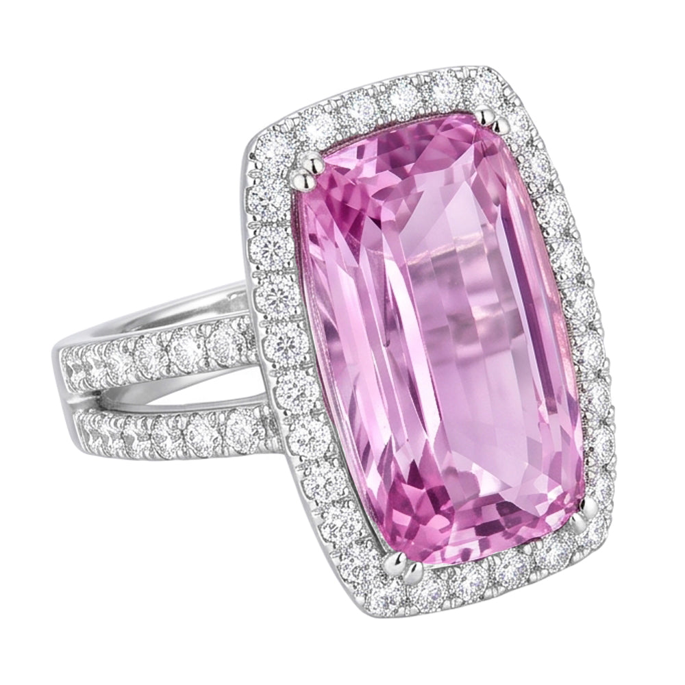 Anello da donna in oro bianco con diamante taglio cuscino Kunzite rosa 24.50 ct