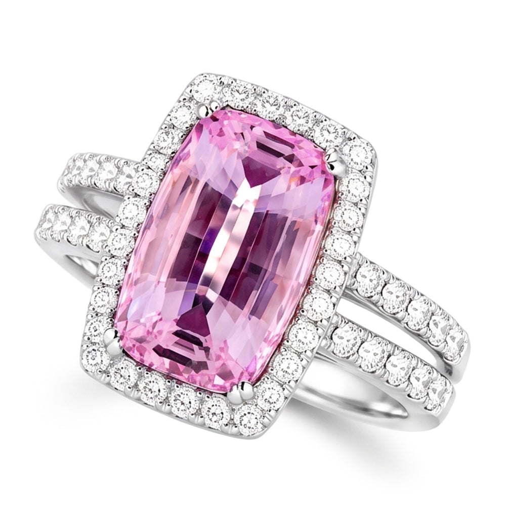 Anello da donna in oro bianco con diamante taglio cuscino Kunzite rosa 24.50 ct