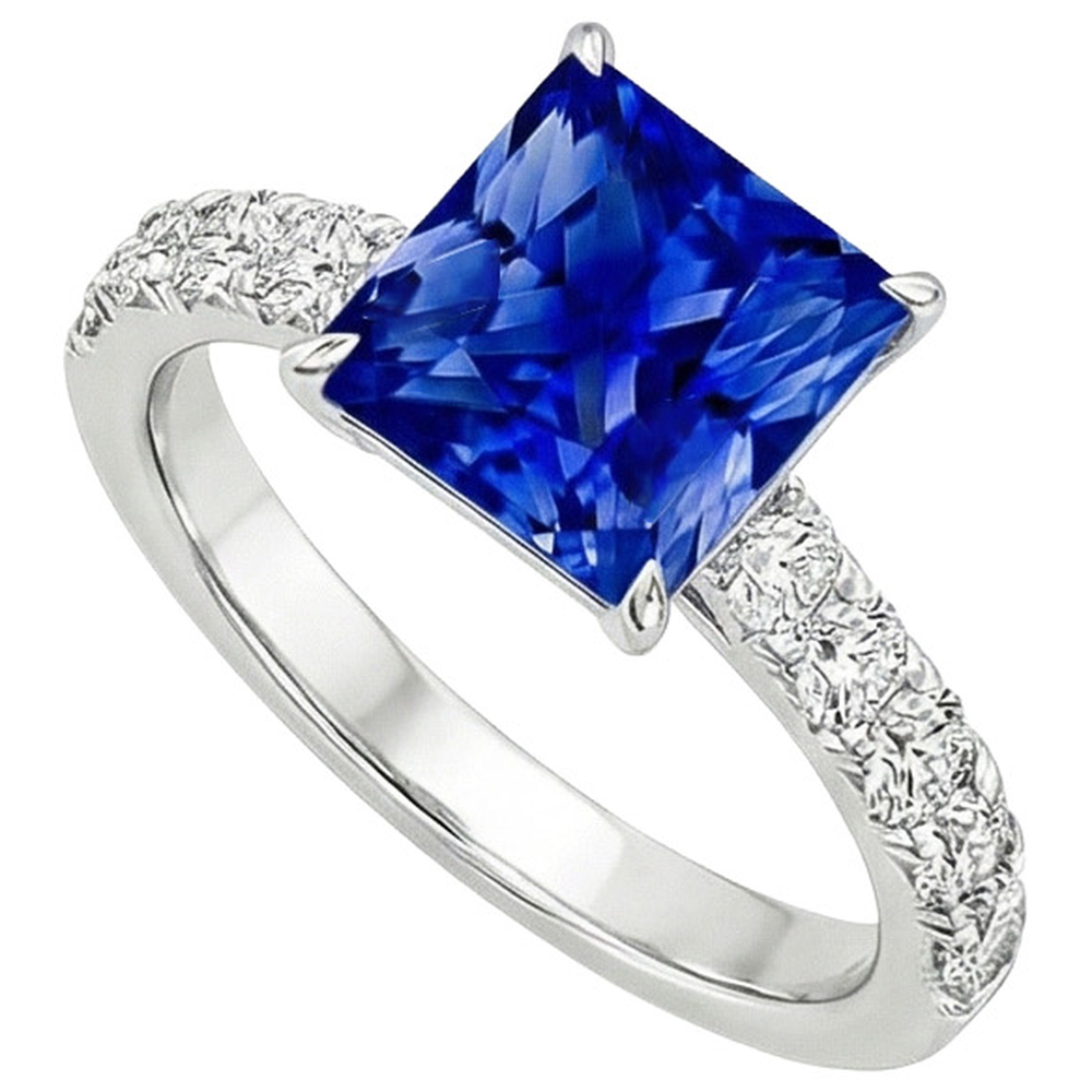 Anello da donna in oro con diamanti. zaffiro blu principessa accentato 4.50 carati