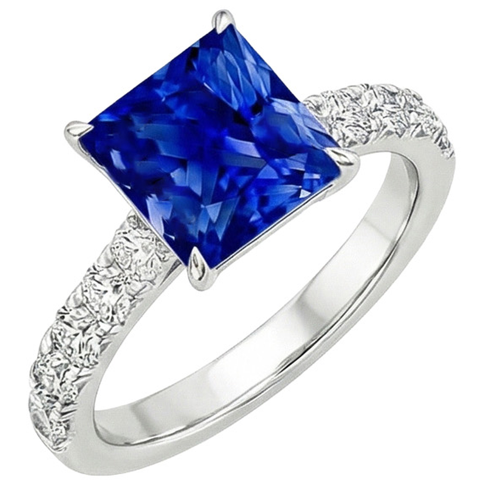 Anello da donna in oro con diamanti. zaffiro blu principessa accentato 4.50 carati