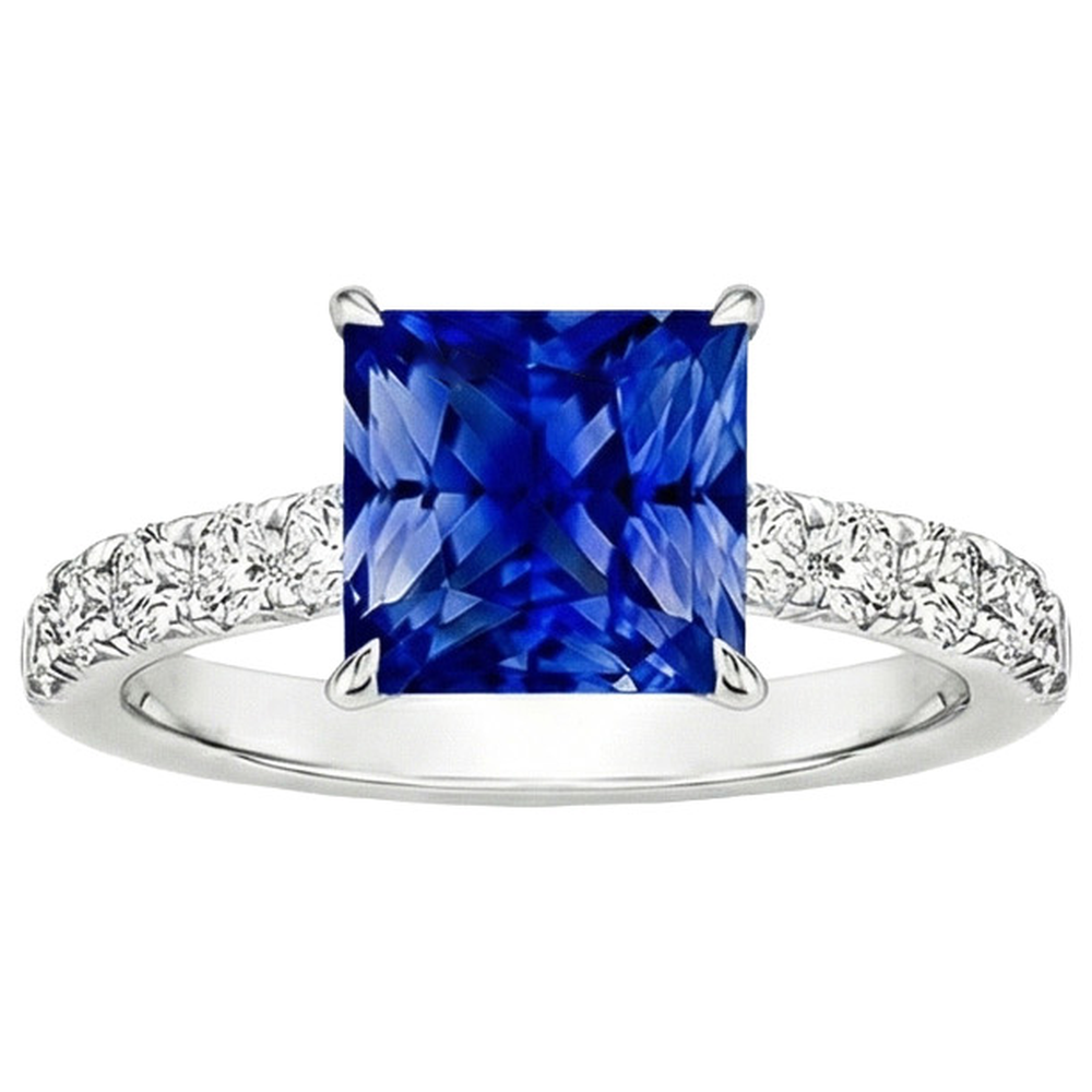 Anello da donna in oro con diamanti. zaffiro blu principessa accentato 4.50 carati