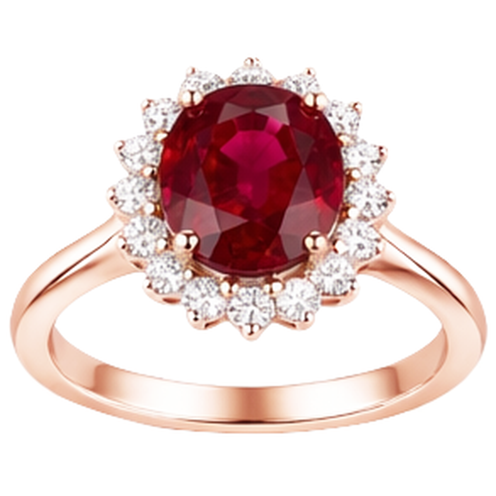 Anello da donna in oro rosa 14K con rubini a taglio ovale e diamanti rotondi 8.50 ct