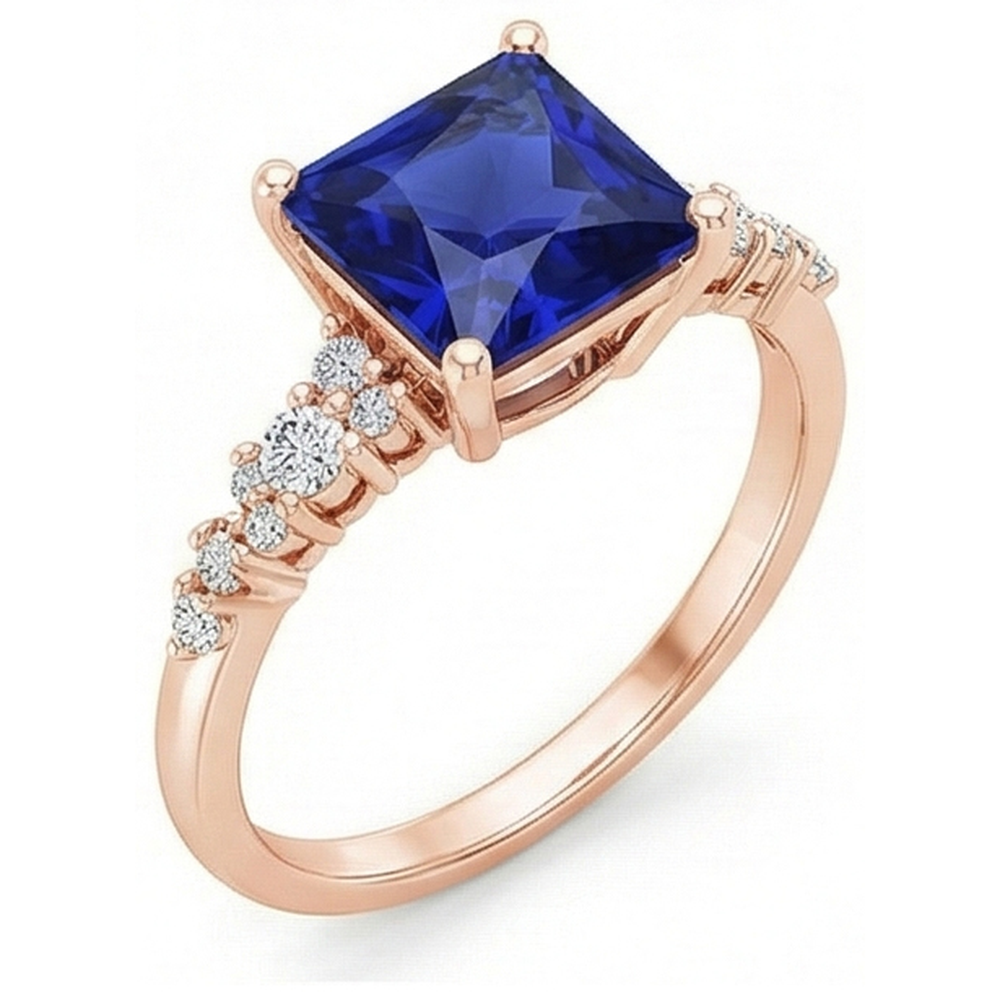 Anello da donna in oro rosa con pietra preziosa zaffiro blu con accenti 3.75 carati