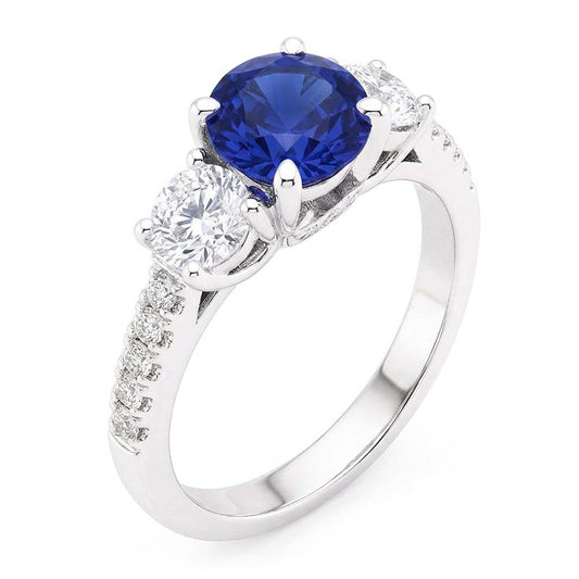 Anello da donna in stile 3 pietre con zaffiro blu e diamanti con accenti di 2 carati e oro bianco 14K