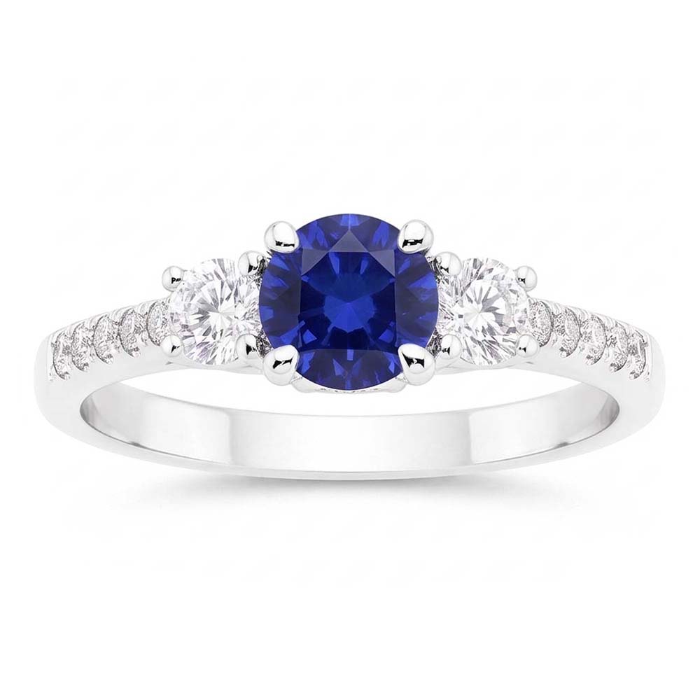 Anello da donna in stile 3 pietre con zaffiro blu e diamanti con accenti di 2 carati e oro bianco 14K