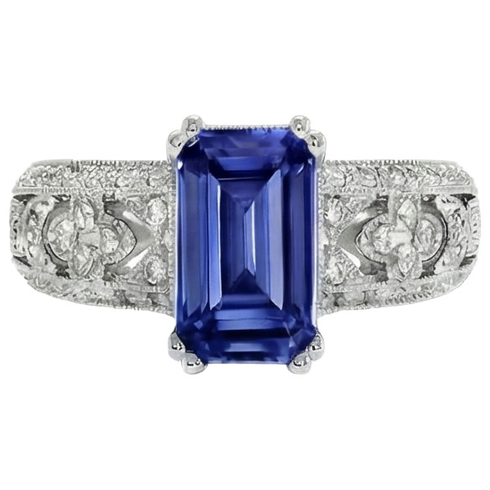 Anello da donna in stile vintage con zaffiro blu smeraldo e diamanti 9.75 carati