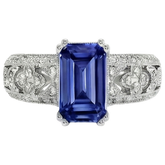 Anello da donna in stile vintage con zaffiro blu smeraldo e diamanti 9.75 carati