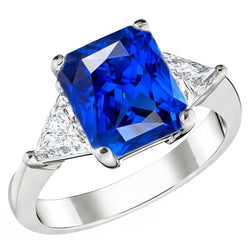 Anello da trilioni di diamanti e zaffiro blu intenso con gambo affusolato 2.50 carati