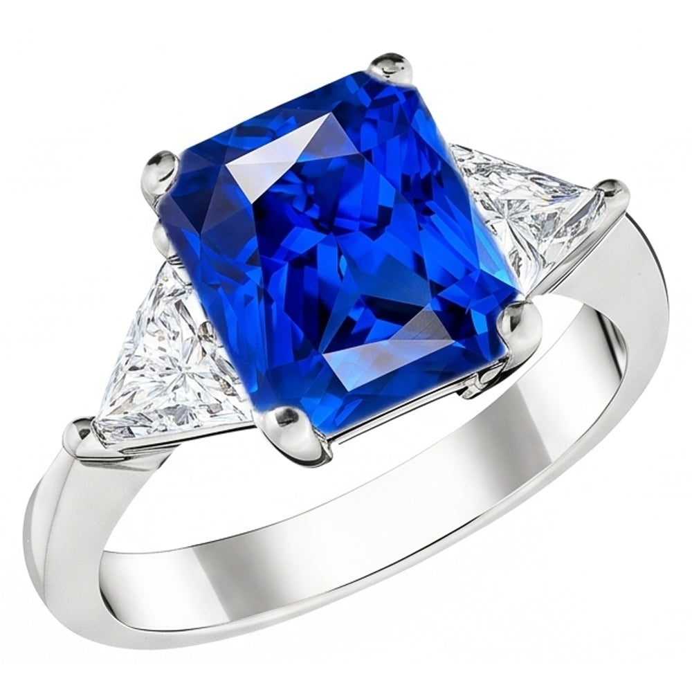 Anello da trilioni di diamanti e zaffiro blu intenso con gambo affusolato 2.50 carati