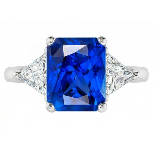 Anello da trilioni di diamanti e zaffiro blu intenso con gambo affusolato 2.50 carati