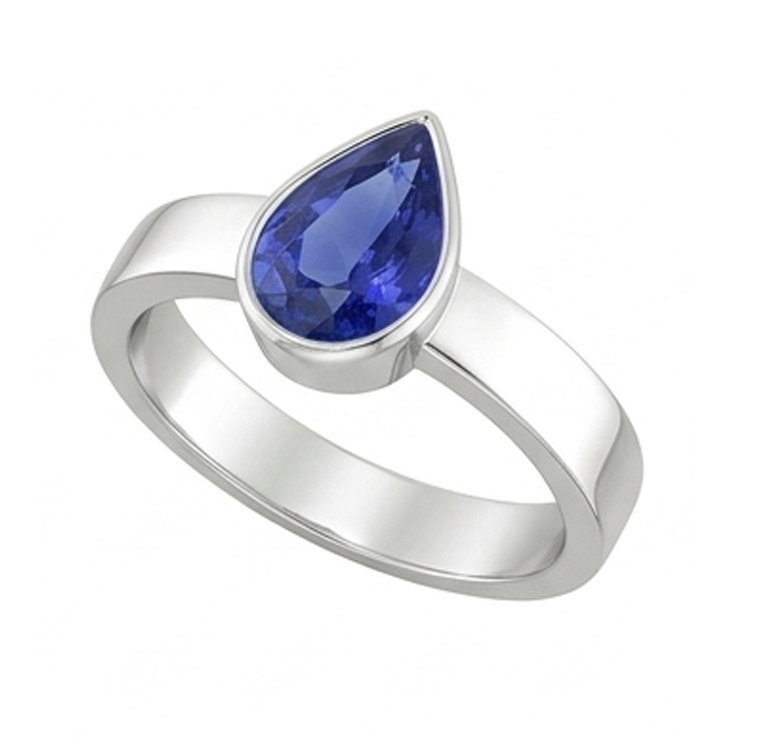 Anello da uomo con castone solitario, taglio a pera, zaffiro blu 2,50 carati