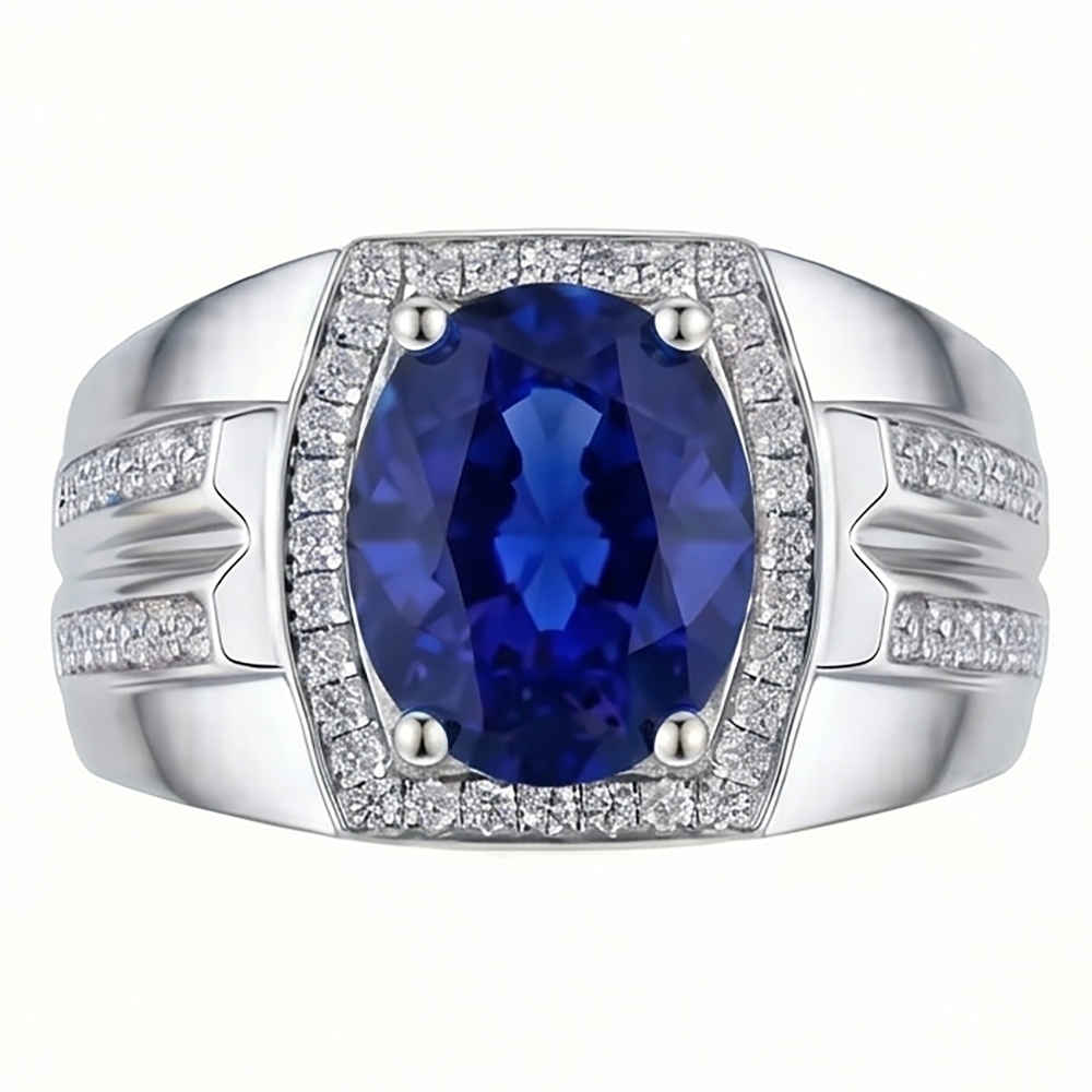 Anello da uomo con diamante ovale blu zaffiro 4 carati oro bianco 14K