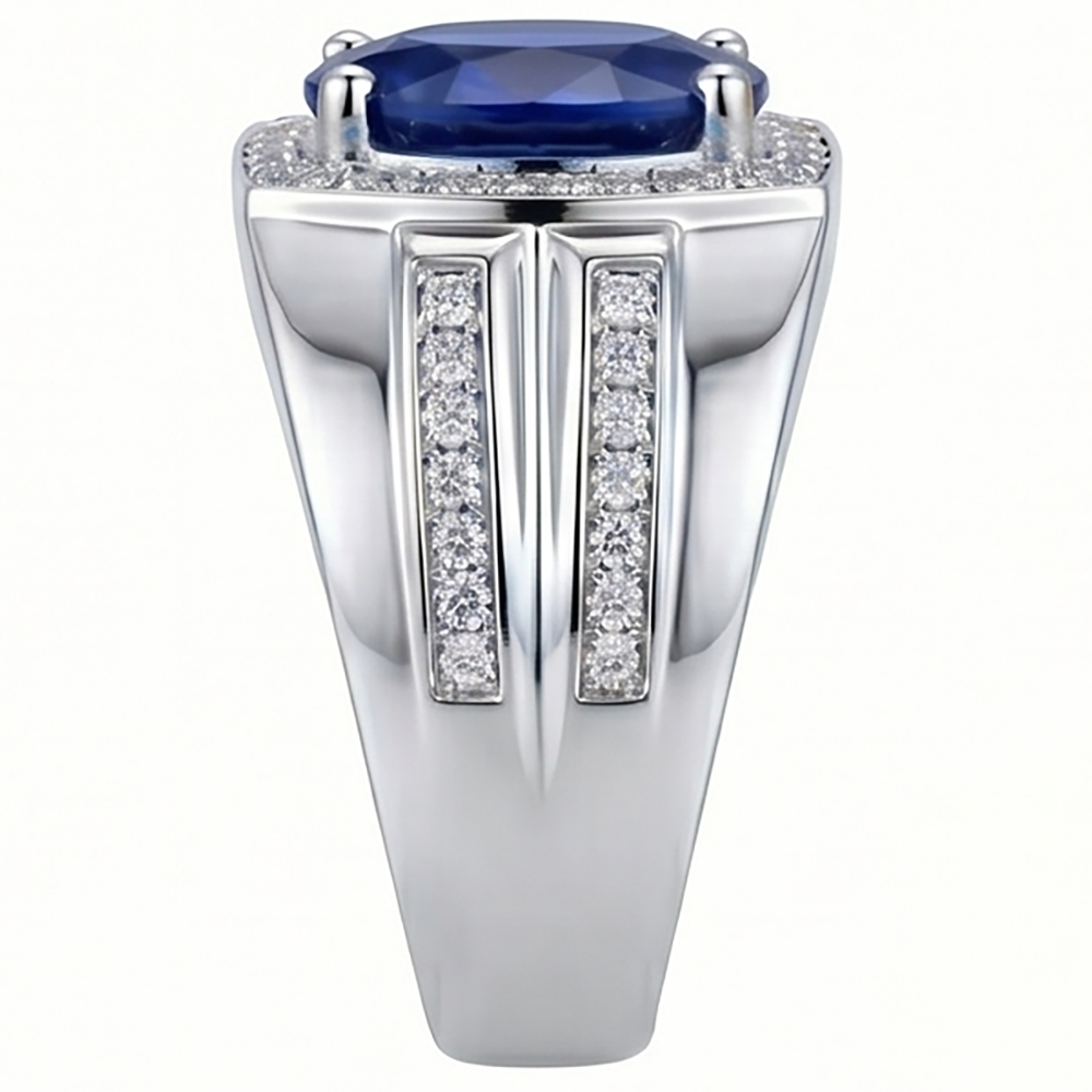 Anello da uomo con diamante ovale blu zaffiro 4 carati oro bianco 14K