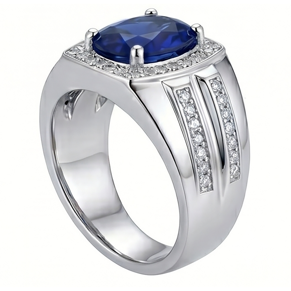 Anello da uomo con diamante ovale blu zaffiro 4 carati oro bianco 14K