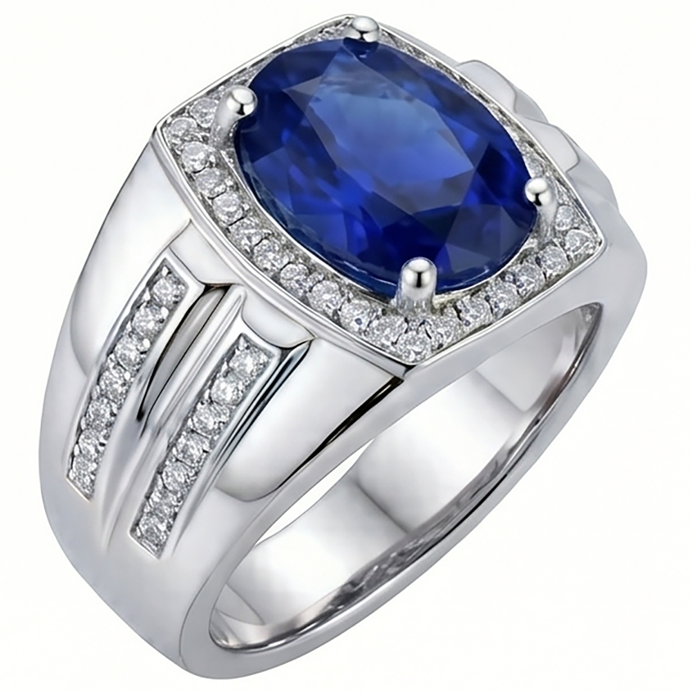 Anello da uomo con diamante ovale blu zaffiro 4 carati oro bianco 14K