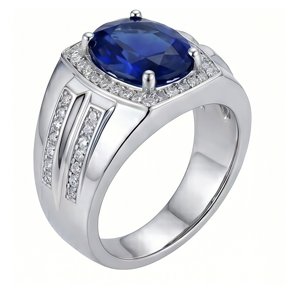 Anello da uomo con diamante ovale blu zaffiro 4 carati oro bianco 14K