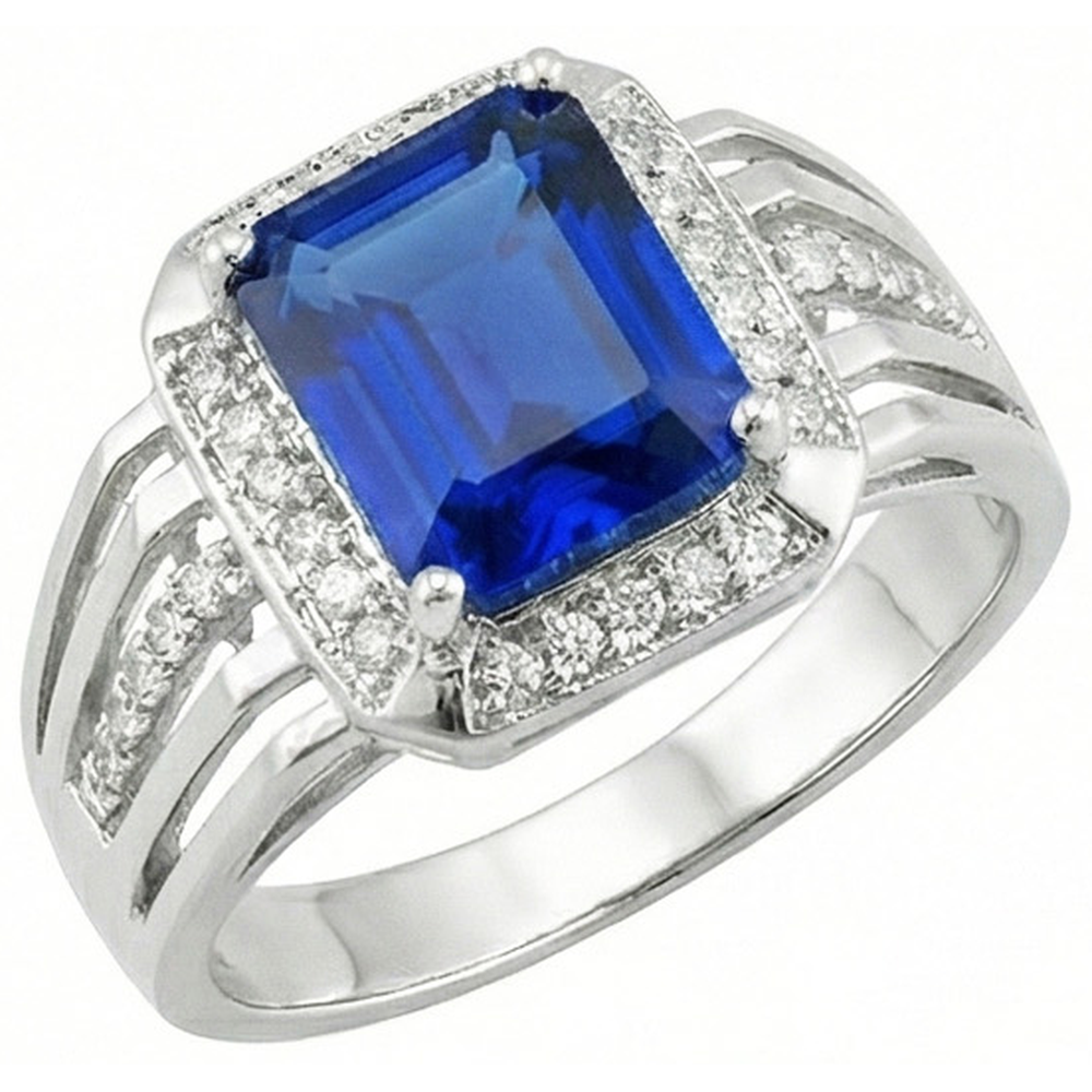 Anello da uomo con diamante zaffiro blu taglio smeraldo con accenti 3.50 carati