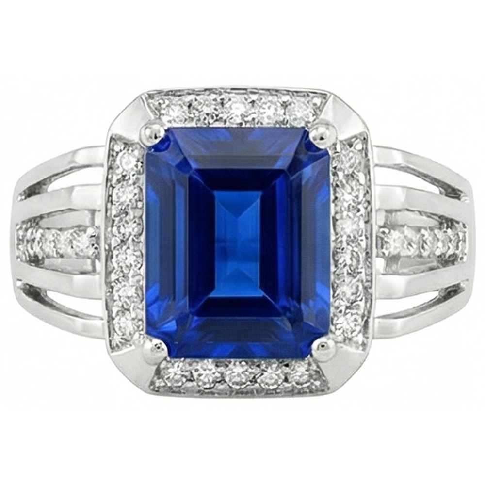 Anello da uomo con diamante zaffiro blu taglio smeraldo con accenti 3.50 carati
