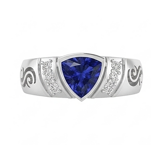 Anello da uomo con diamanti in oro stile antico zaffiro taglio trilioni 1,90 ct