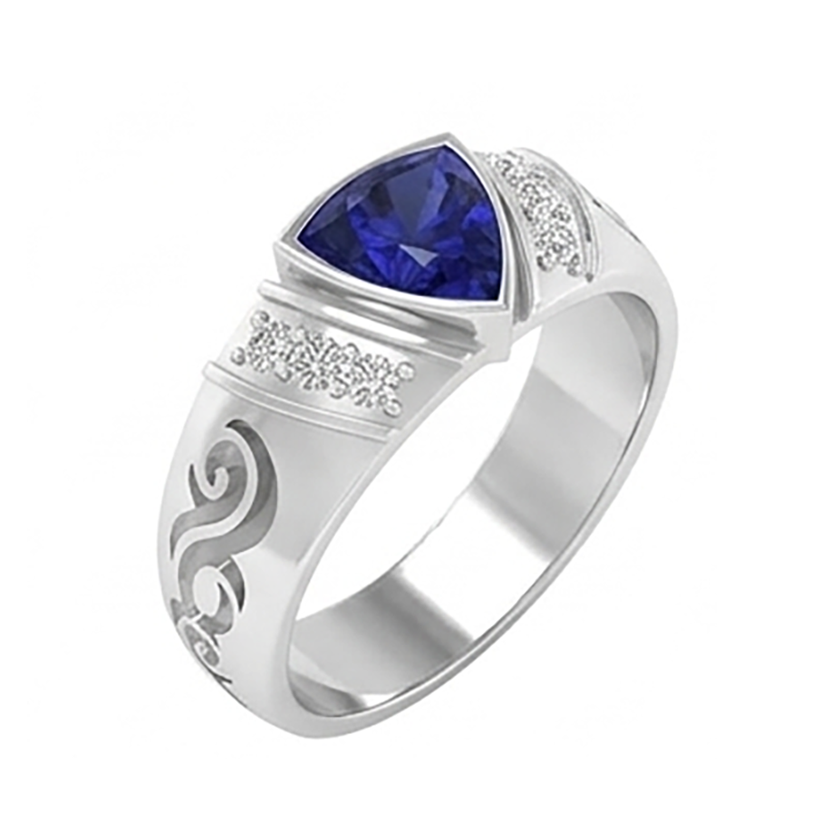 Anello da uomo con diamanti in oro stile antico zaffiro taglio trilioni 1,90 ct