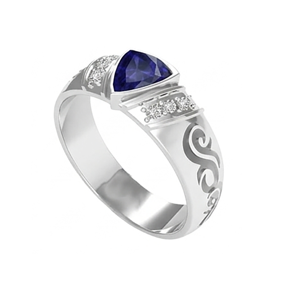 Anello da uomo con diamanti in oro stile antico zaffiro taglio trilioni 1,90 ct