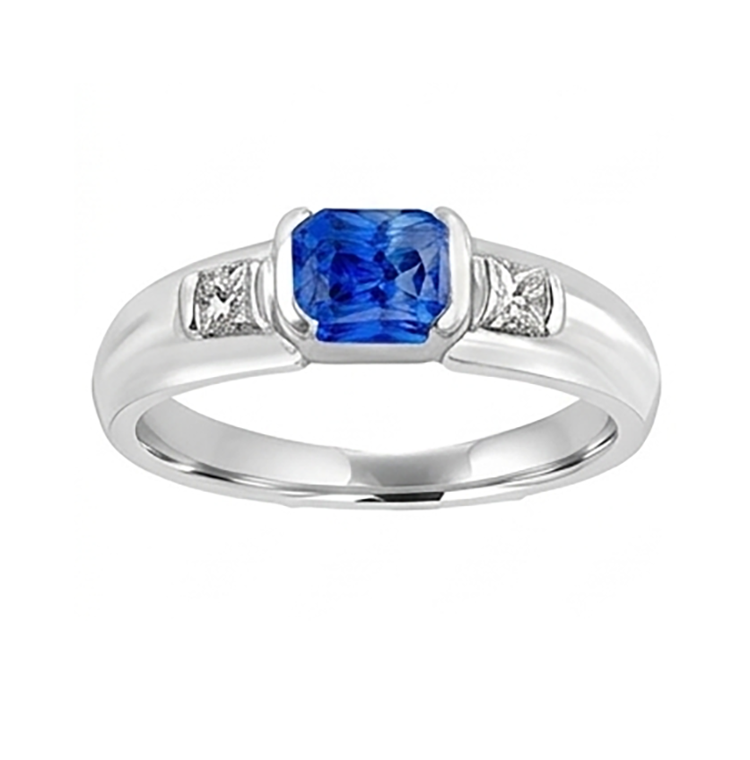 Anello da uomo con pietre preziose Princess Diamond Gold Bar Set Zaffiro blu 1,75 ct