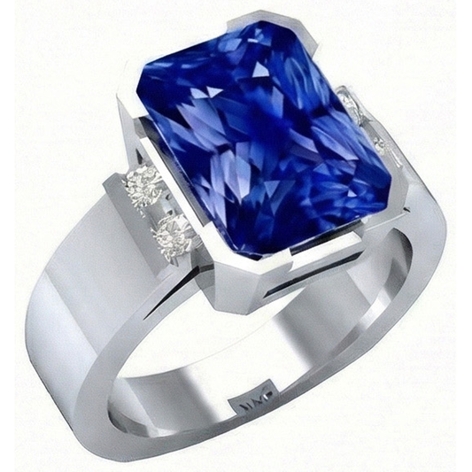 Anello da uomo con zaffiro blu 4 carati con barra incastonata in oro con diamanti Princess