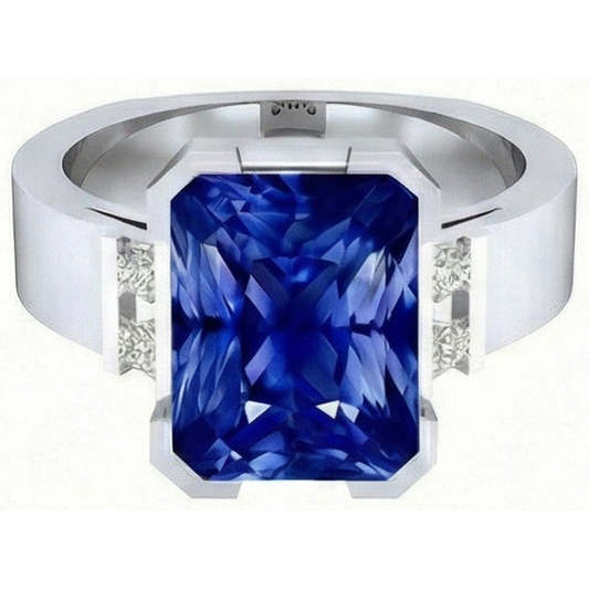 Anello da uomo con zaffiro blu 4 carati con barra incastonata in oro con diamanti Princess