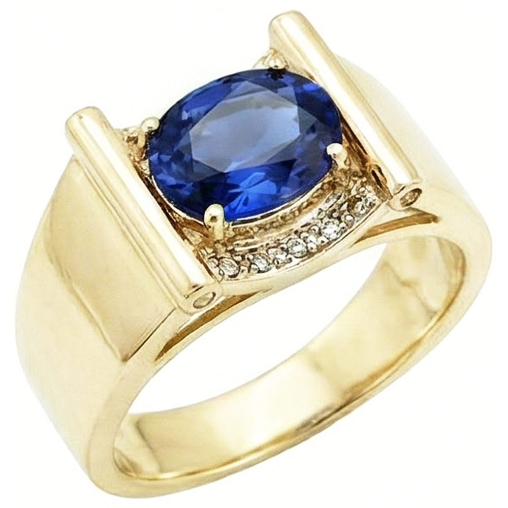 Anello da uomo con zaffiro di Ceylon e diamanti da 2,25 carati, gioielli in oro 14K