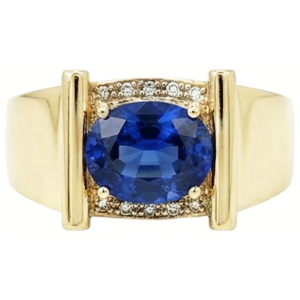 Anello da uomo con zaffiro di Ceylon e diamanti da 2,25 carati, gioielli in oro 14K