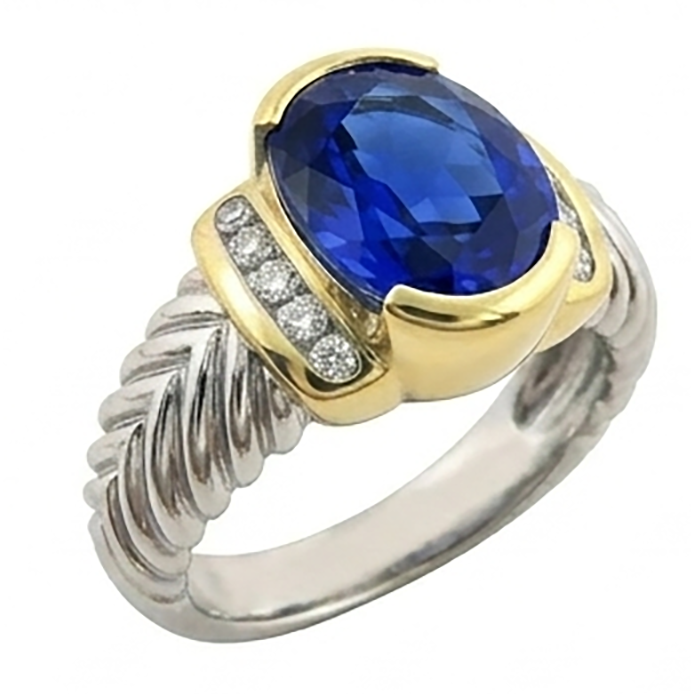 Anello da uomo con zaffiro ovale dello Sri Lanka e diamante da 3,50 carati in oro bianco 14K