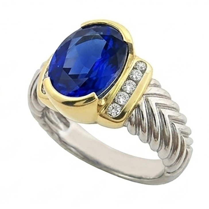 Anello da uomo con zaffiro ovale dello Sri Lanka e diamante da 3,50 carati in oro bianco 14K