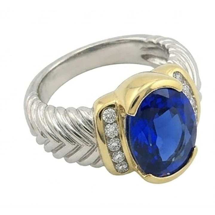 Anello da uomo con zaffiro ovale dello Sri Lanka e diamante da 3,50 carati in oro bianco 14K