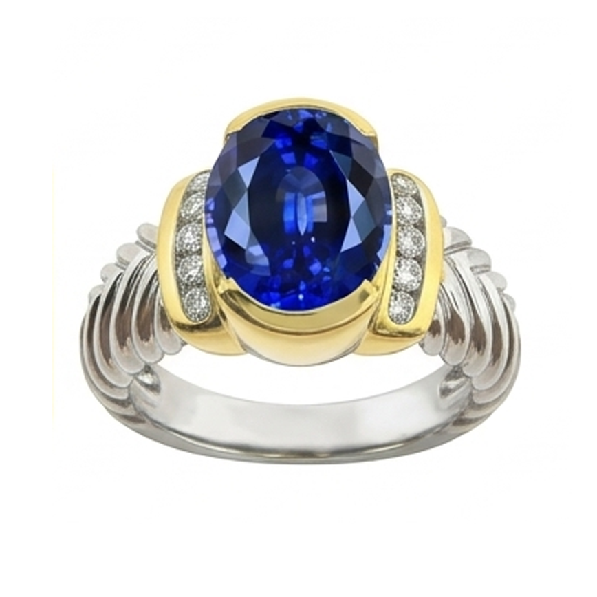 Anello da uomo con zaffiro ovale dello Sri Lanka e diamante da 3,50 carati in oro bianco 14K